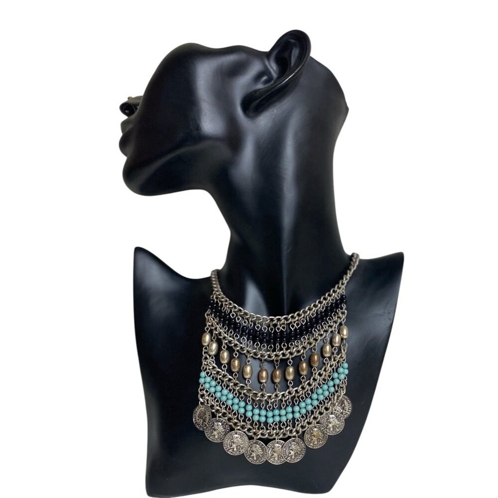 Vtg Bib Necklace Mesh Chainmail Silver Tone Adj 15-20” Faux Turquoise Roman Coin